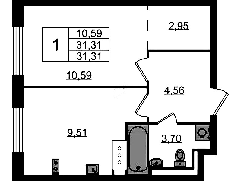 1-комнатная квартира 31.31 м², 4/13 эт., ЖК «Квартал Торики»